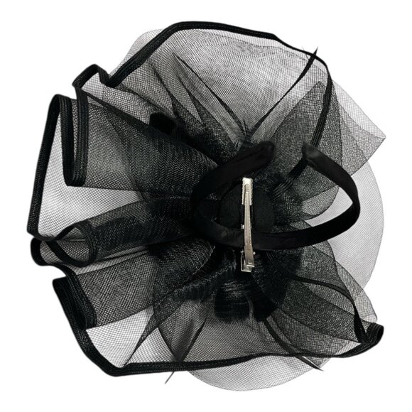 Black Mesh Fascinator Hat with Feather Flower and Headband Clip – Elegant Formal - Picture 5 of 7